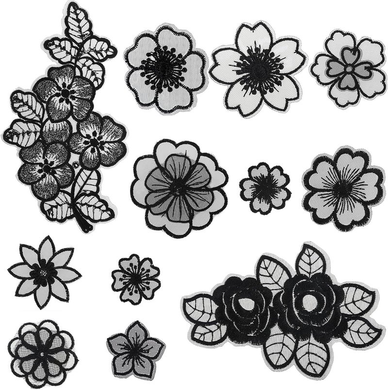 Jeffdad 12 Pcs Flower Lace Embroidered Applique 3D Floral Sew On Patches, for Dress Jeans Sweater Hats Bags Clothes Repairing Decorating Wedding Dress DIY Sewing Craft(Black) - Image 1